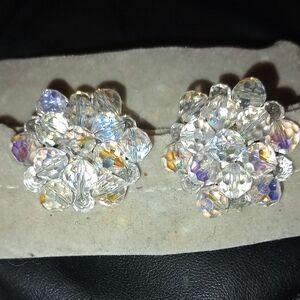 Signed Germany Crystal Aurora Borealis Clip Earrings Vintage